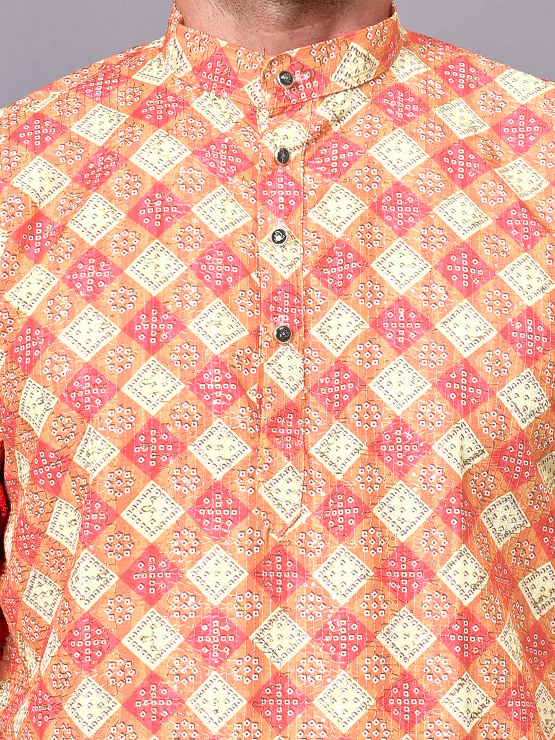 RAY LIGHT Men's Premium Crochet Fabric Geometric Long Kurta – Light Orange
