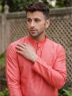 RAY LIGHT Men's Royal Jacquard Geometric Long Kurta – Deep Maroon