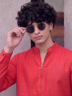 RAY LIGHT Men's Modern Zip-Neck Solid Cotton Short Kurta – Navy Blue