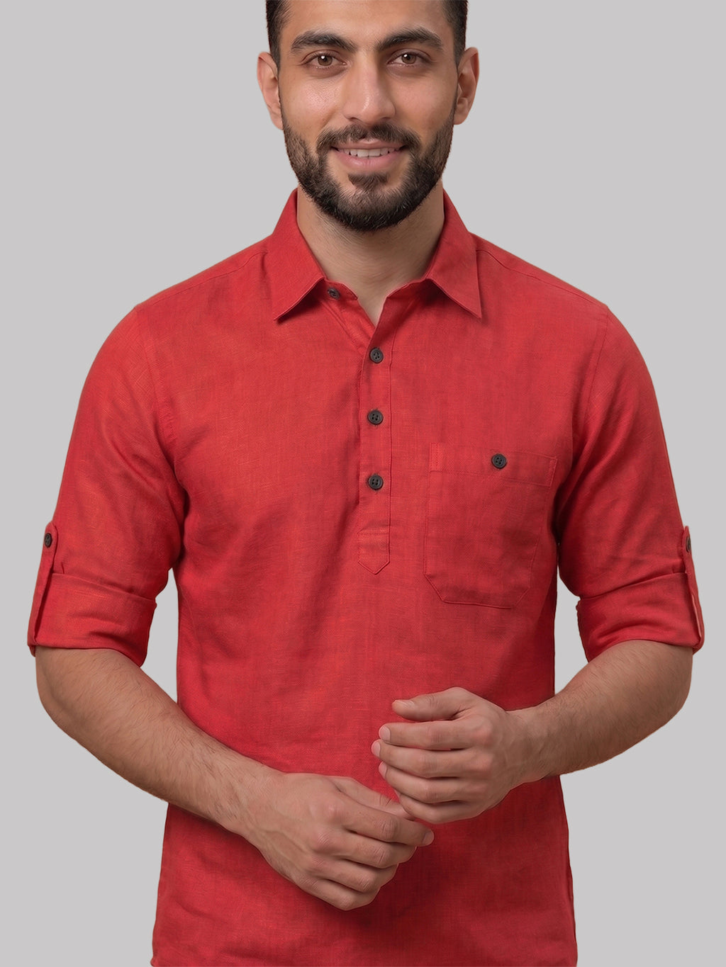 RAY LIGHT Men's Essential Solid Cotton Short Kurta – Mint Green with Roll-Up Sleeves