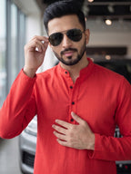 RAY LIGHT Men's Essential Solid Cotton Short Kurta – Soft Peach Orange with Cuffless Sleeves