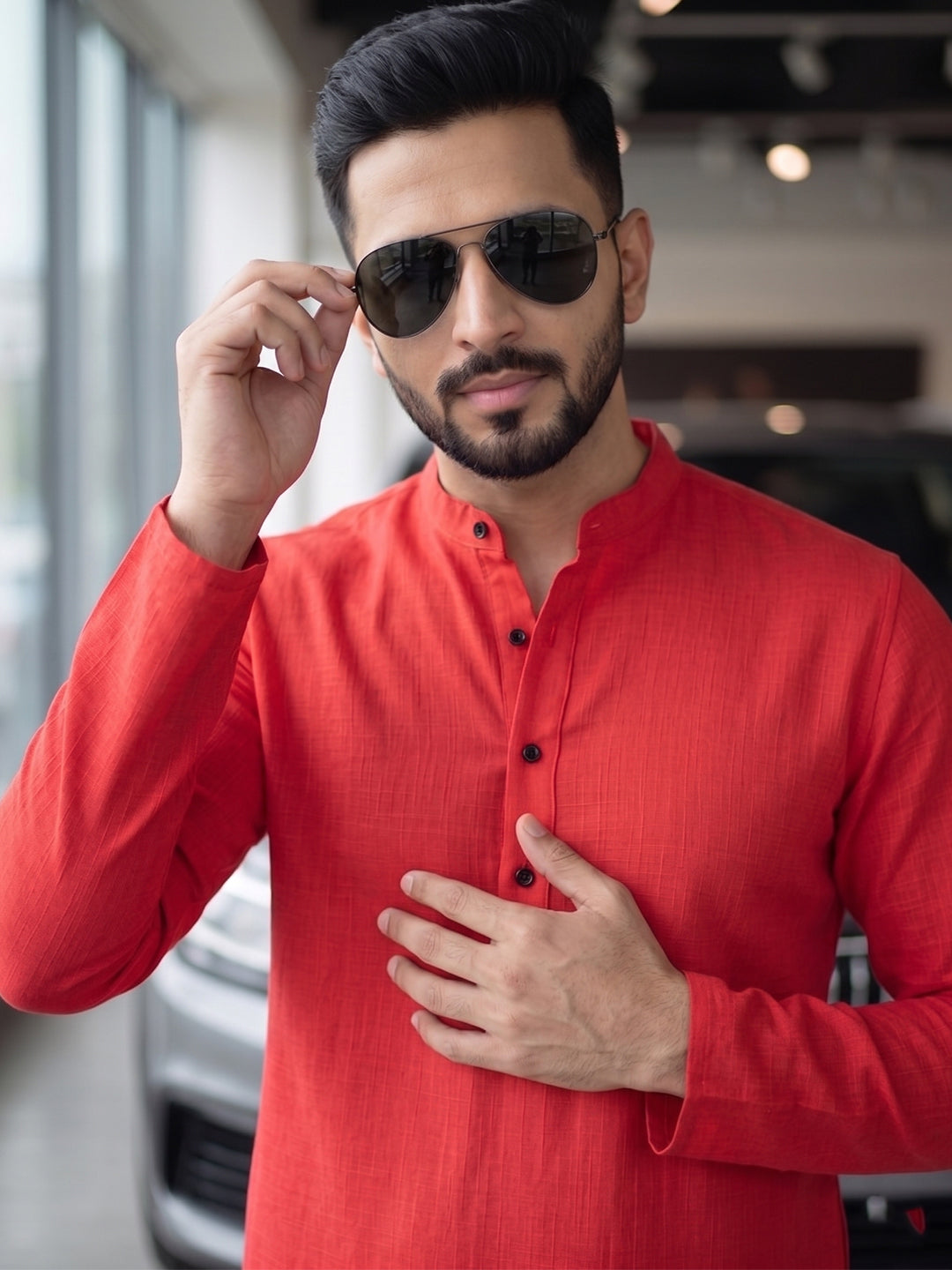 RAY LIGHT Men's Essential Solid Cotton Short Kurta – Soft Peach Orange with Cuffless Sleeves