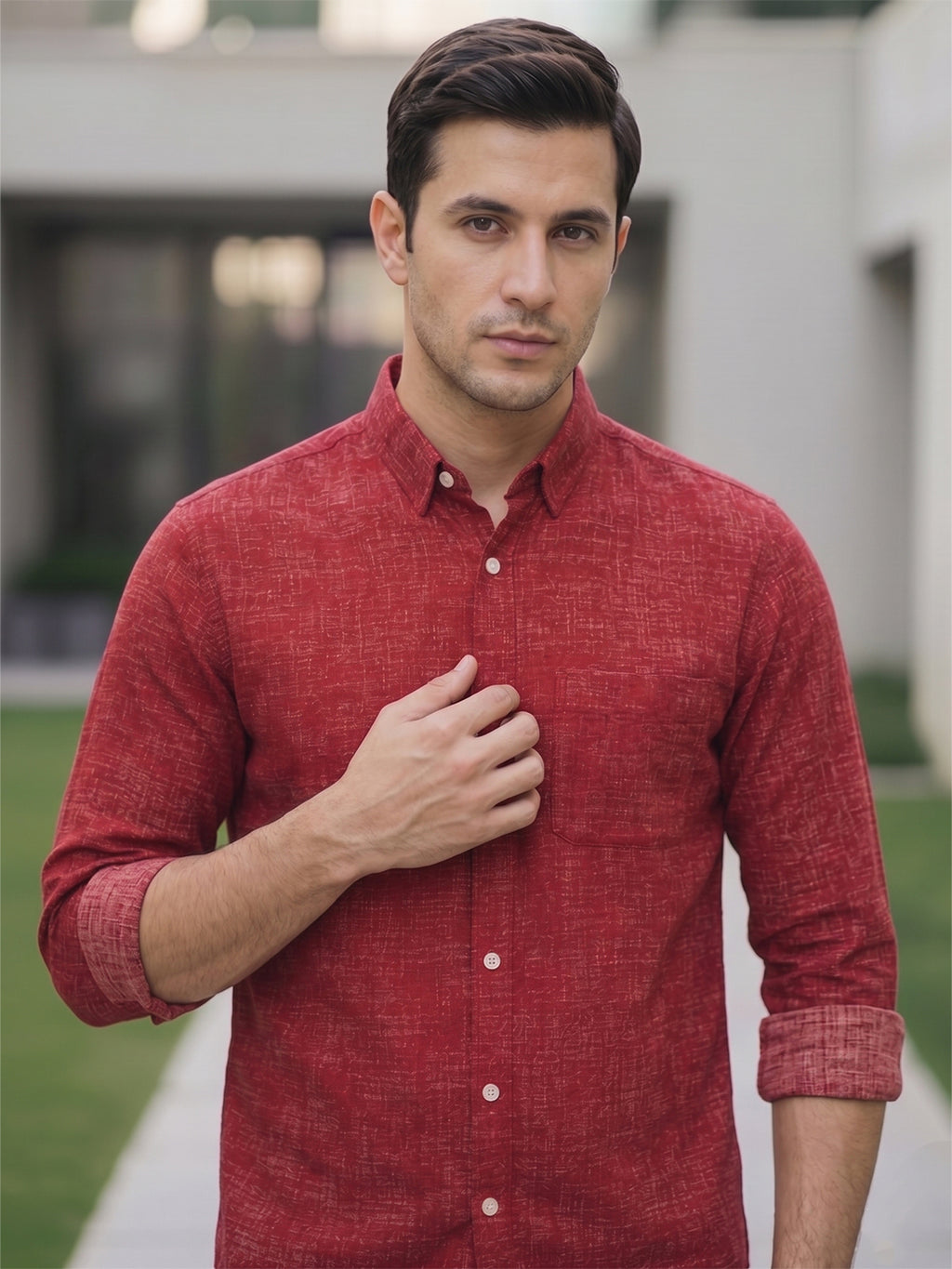 RAY LIGHT Men's Textured Print Poplin Casual Shirt – Dark Green