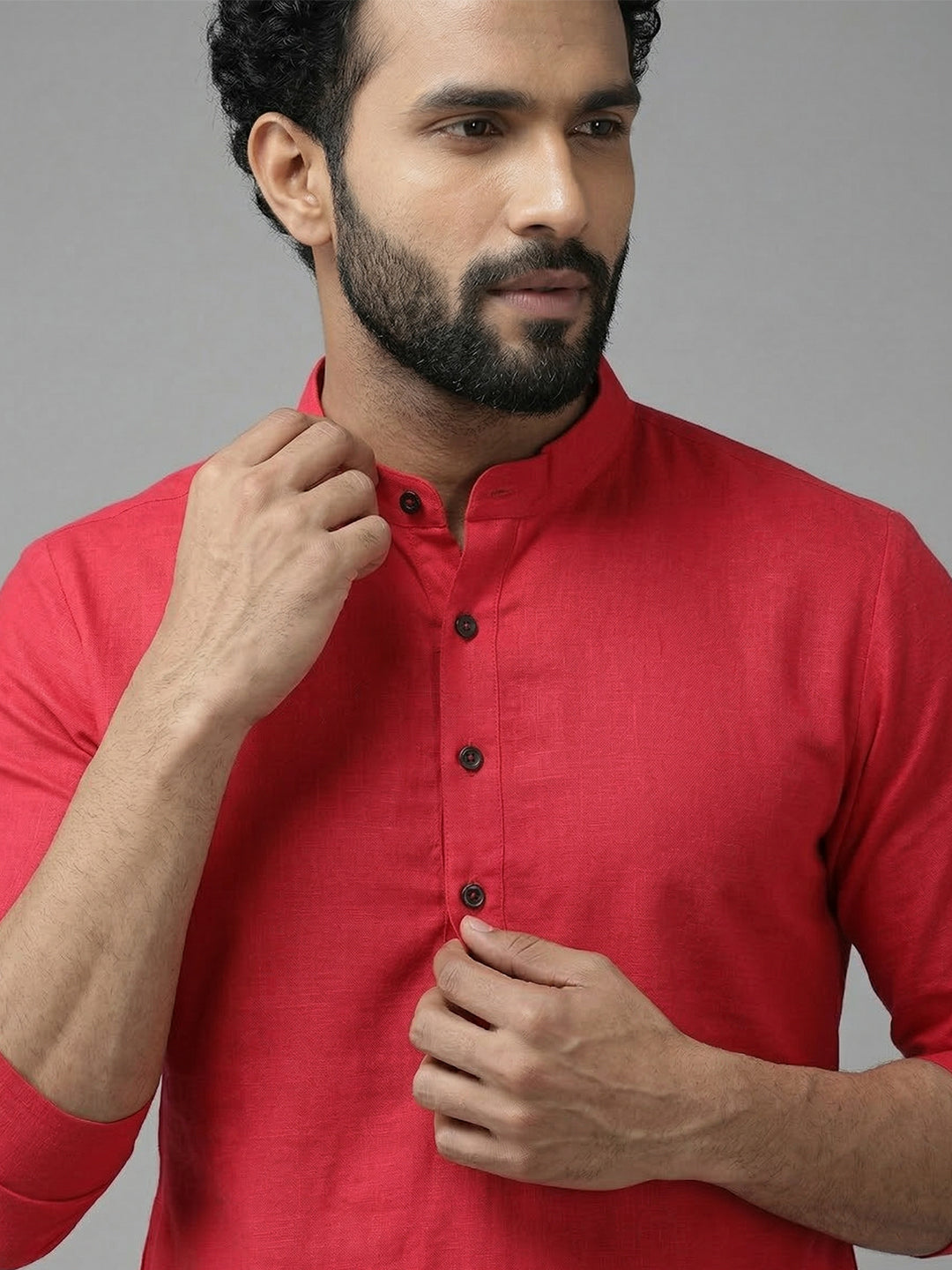 RAY LIGHT Men's 100% Cotton Solid Long Kurta with Mandarin Collar