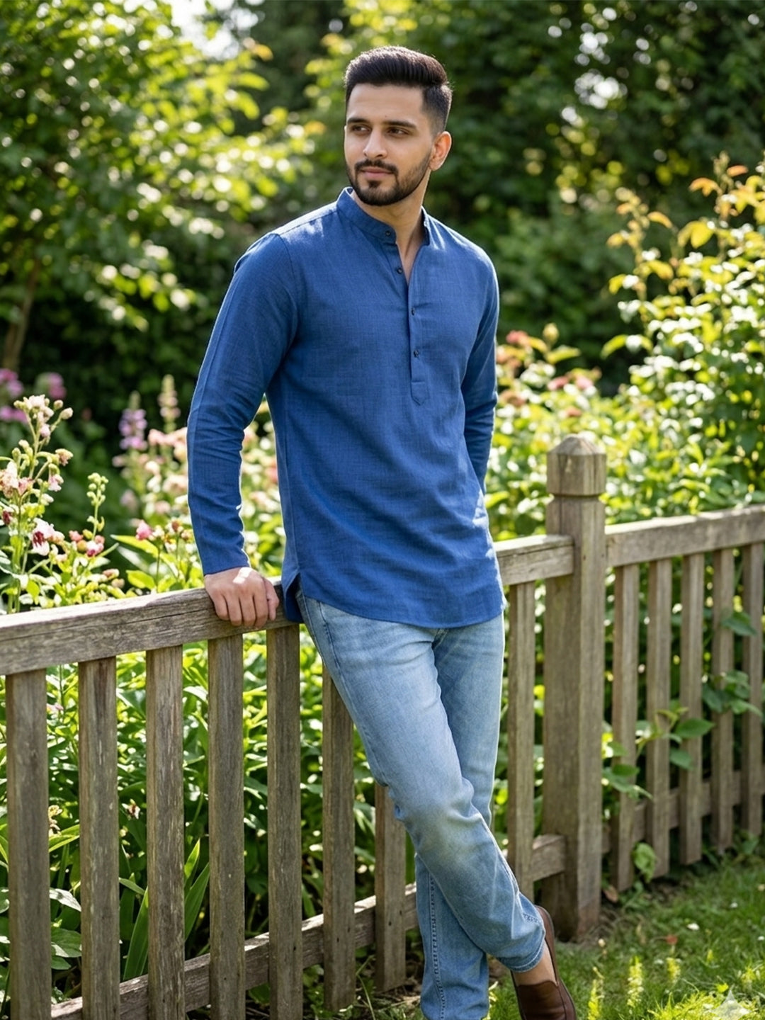 RAY LIGHT Men's Essential Solid Cotton Short Kurta – Royal Blue with Cuffless Sleeves Main image