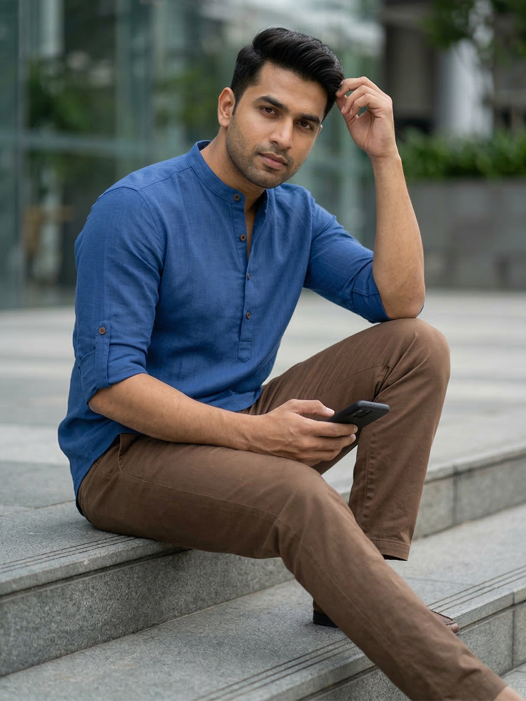 RAY LIGHT Men's Royal Blue 100% Cotton Solid Short Kurta – Mandarin Collar with Versatile Roll-Up Sleeves