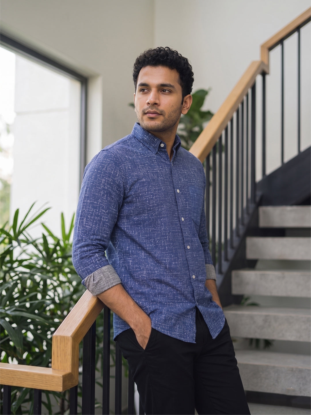RAY LIGHT Men's Textured Print Poplin Casual Shirt – Dark Green