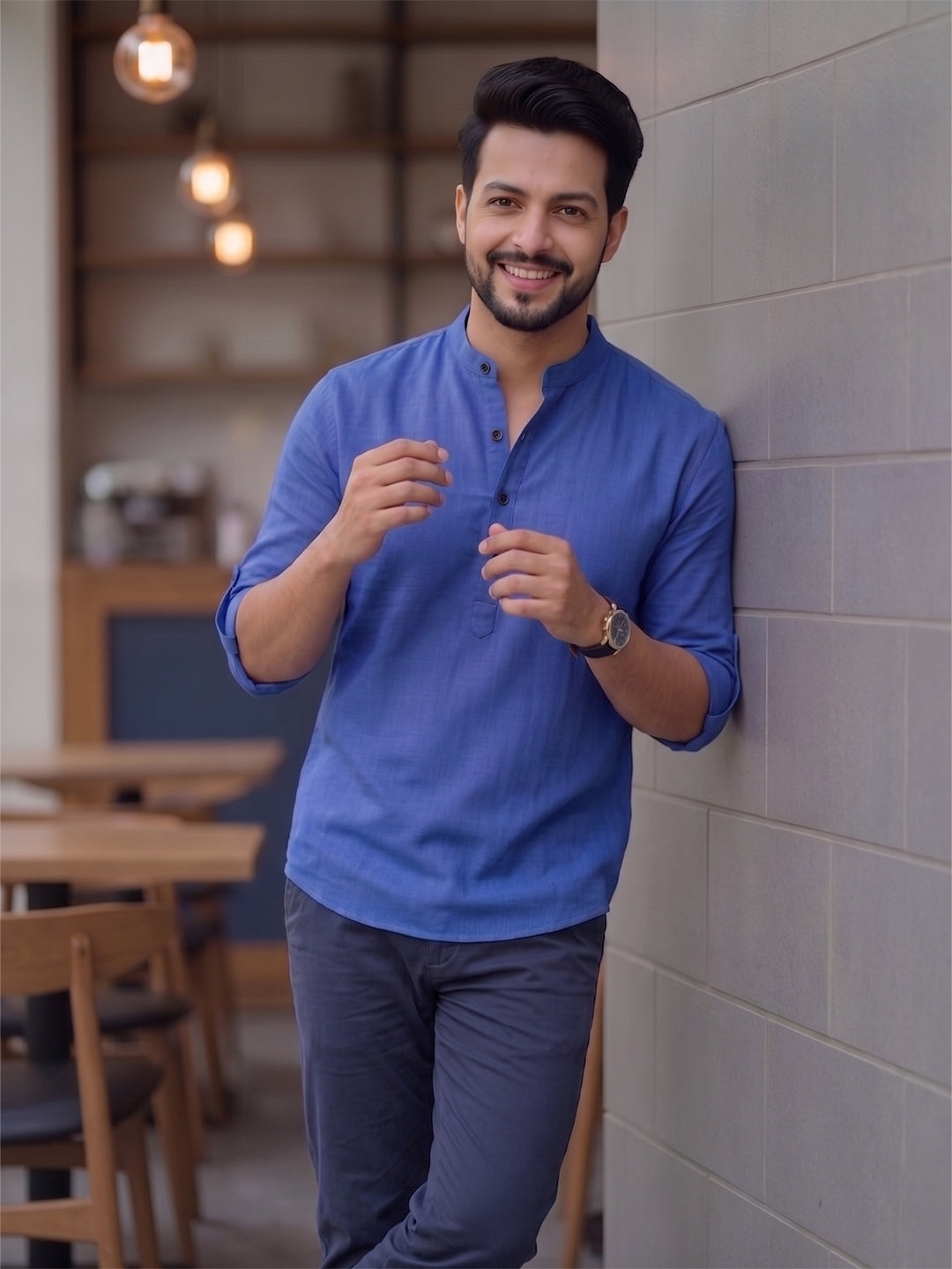 RAY LIGHT Men's Contemporary 100% Cotton Solid Short Kurta – Mandarin Collar with Roll-Up Sleeves Main image