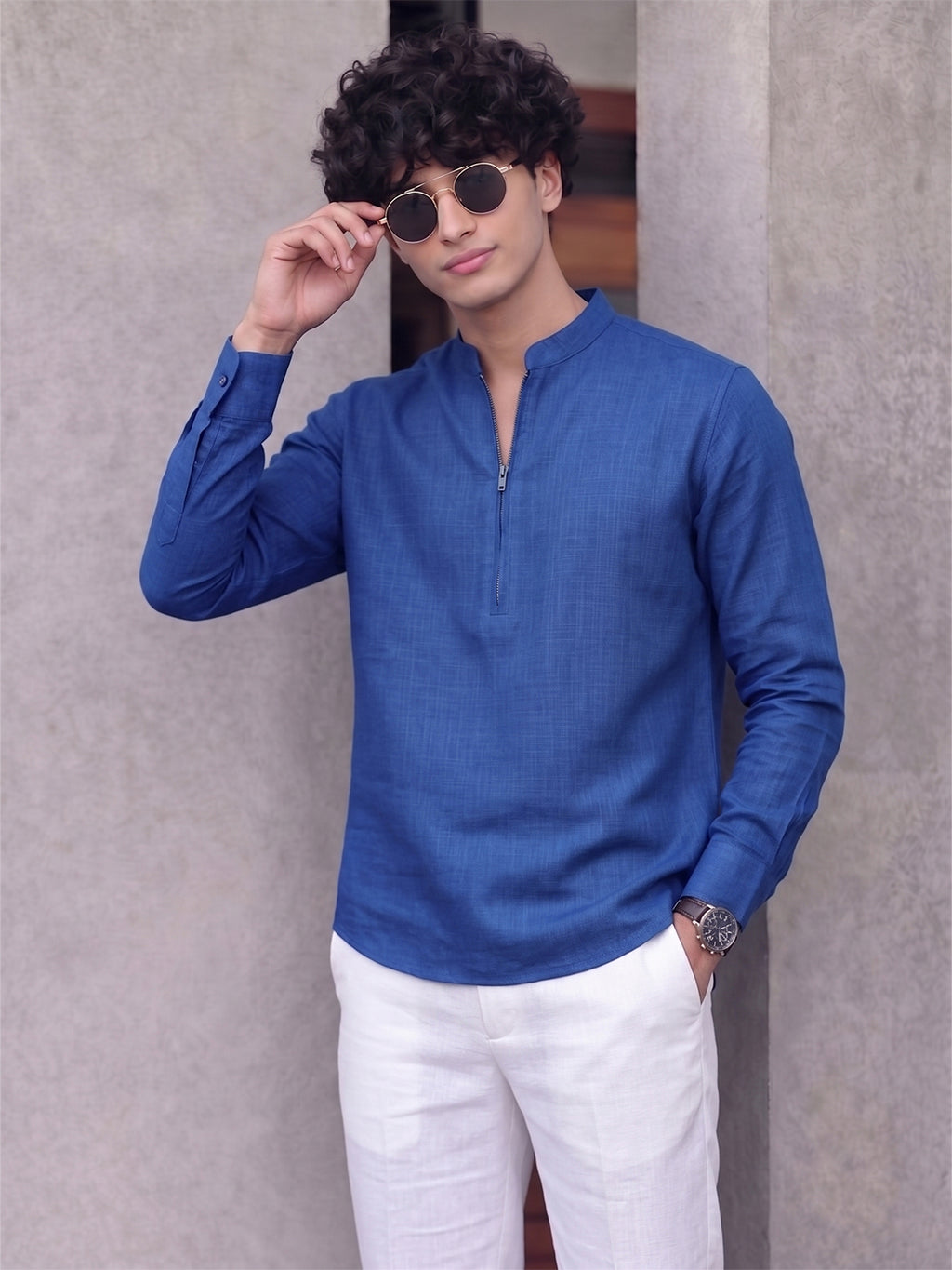 RAY LIGHT Men's Modern Zip-Neck Solid Cotton Short Kurta – Mustard Yellow
