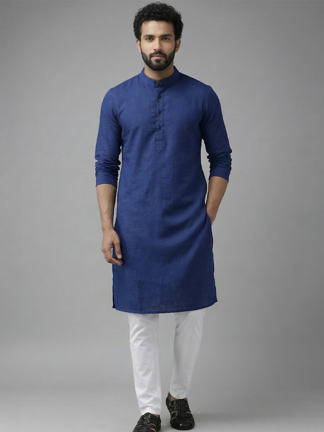 RAY LIGHT Men's Classic Solid Cotton Long Kurta – Dark Green with Dual Side Pockets