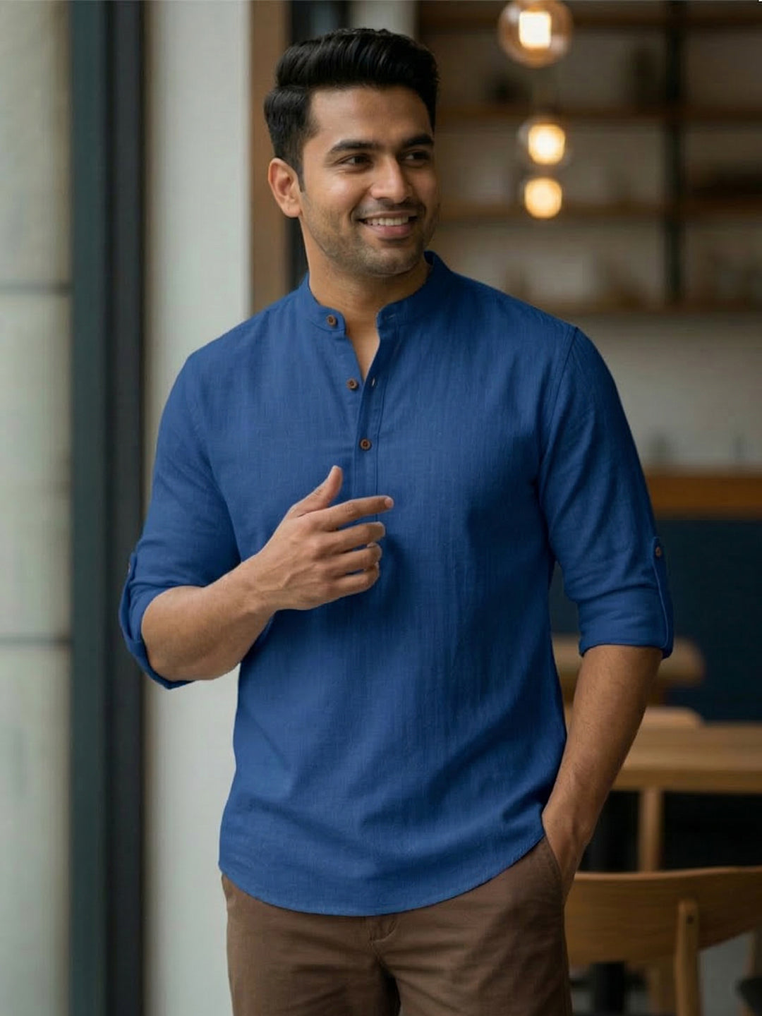 RAY LIGHT Men's Royal Blue 100% Cotton Solid Short Kurta – Mandarin Collar with Versatile Roll-Up Sleeves