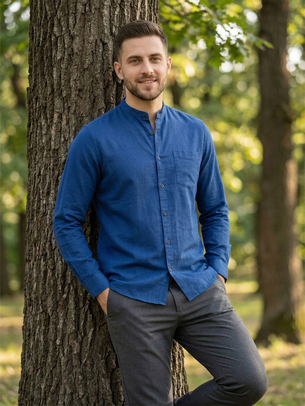 RAY LIGHT Men's Signature Solid Casual Shirt – Chinese Collar with Chest Pocket