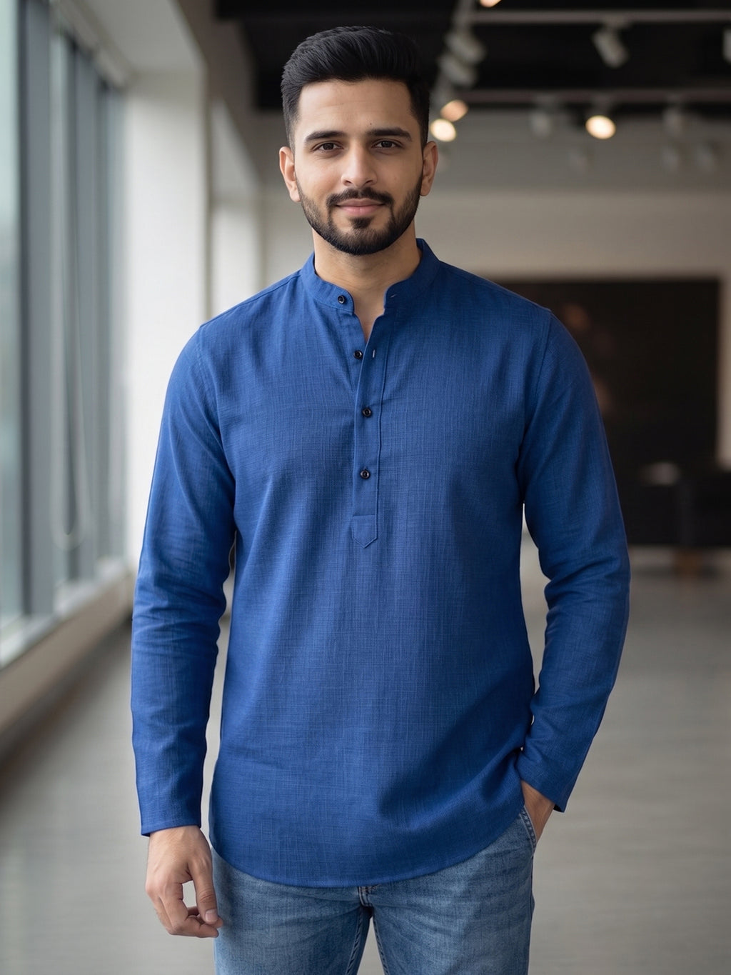 RAY LIGHT Men's Essential Solid Cotton Short Kurta – Royal Blue with Cuffless Sleeves