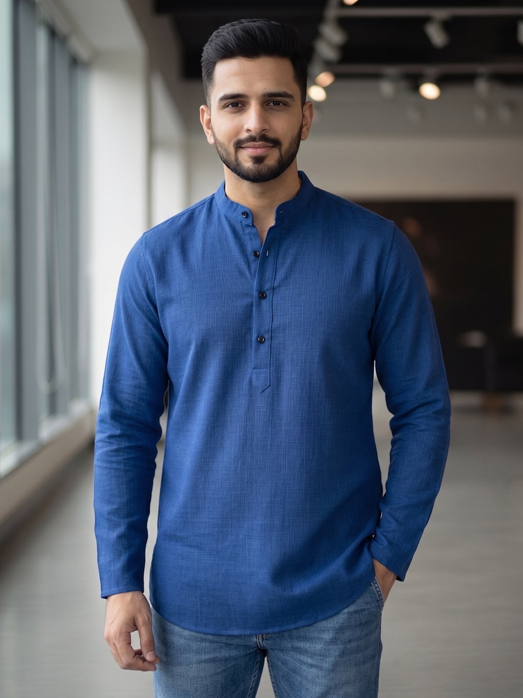 RAY LIGHT Men's Essential Solid Cotton Short Kurta – Royal Blue with Cuffless Sleeves