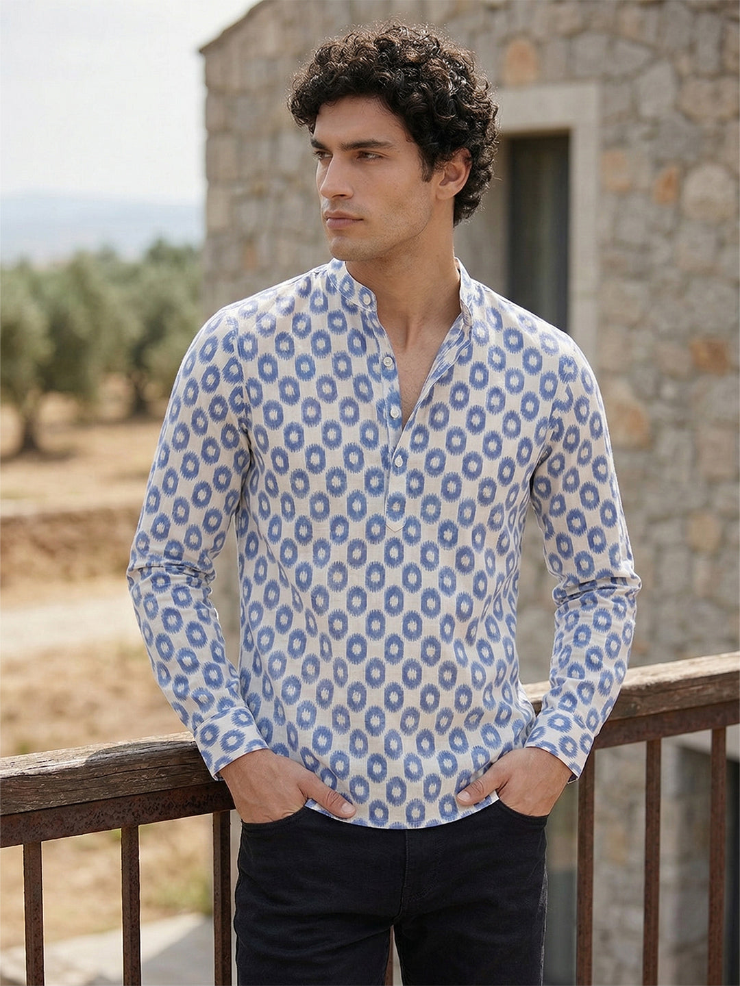 RAY LIGHT Men's Heritage Geometric Print Cotton Short Kurta – Royal Blue & White