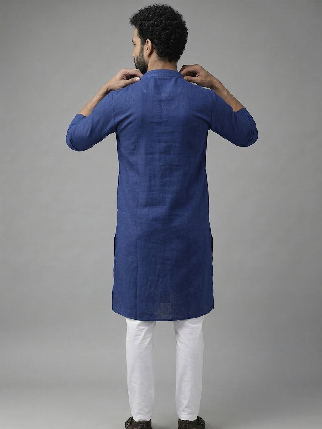 RAY LIGHT Men's 100% Cotton Solid Long Kurta with Mandarin Collar