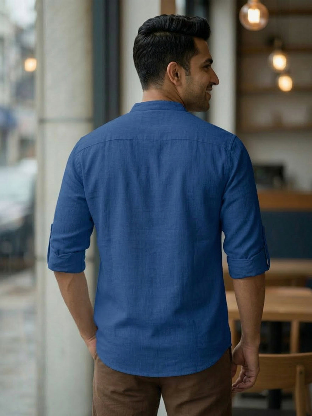 RAY LIGHT Men's Royal Blue 100% Cotton Solid Short Kurta – Mandarin Collar with Versatile Roll-Up Sleeves