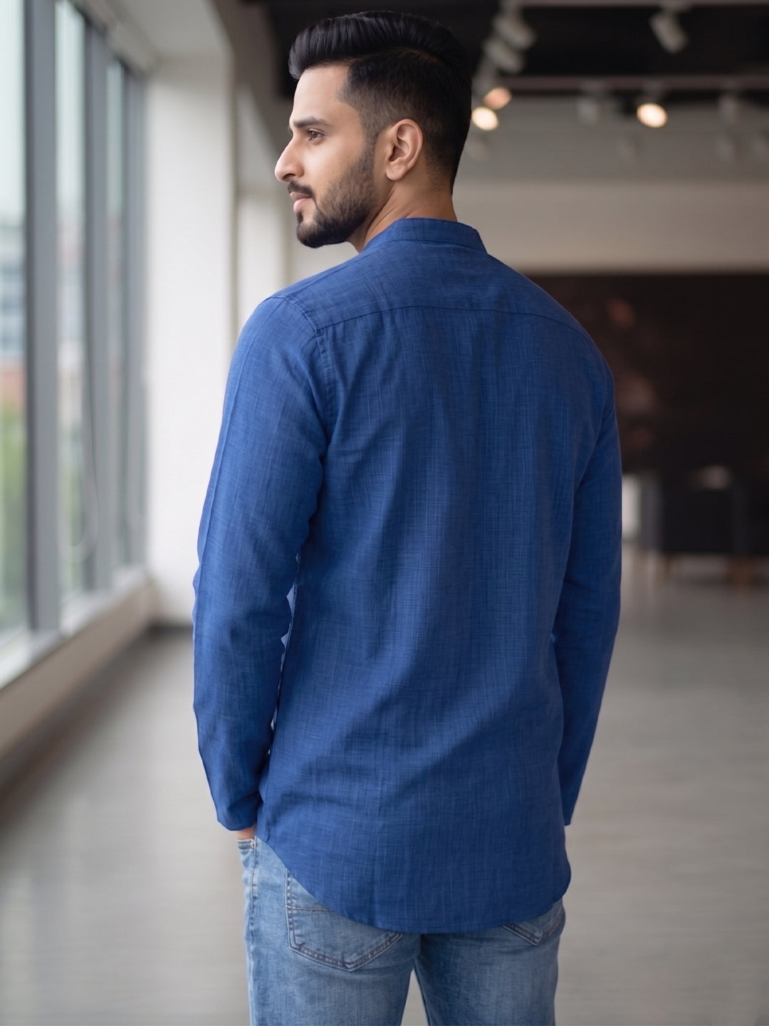 RAY LIGHT Men's Essential Solid Cotton Short Kurta – Royal Blue with Cuffless Sleeves