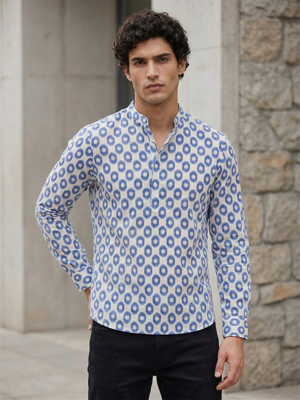 RAY LIGHT Men's Heritage Geometric Print Cotton Short Kurta – Royal Blue & White