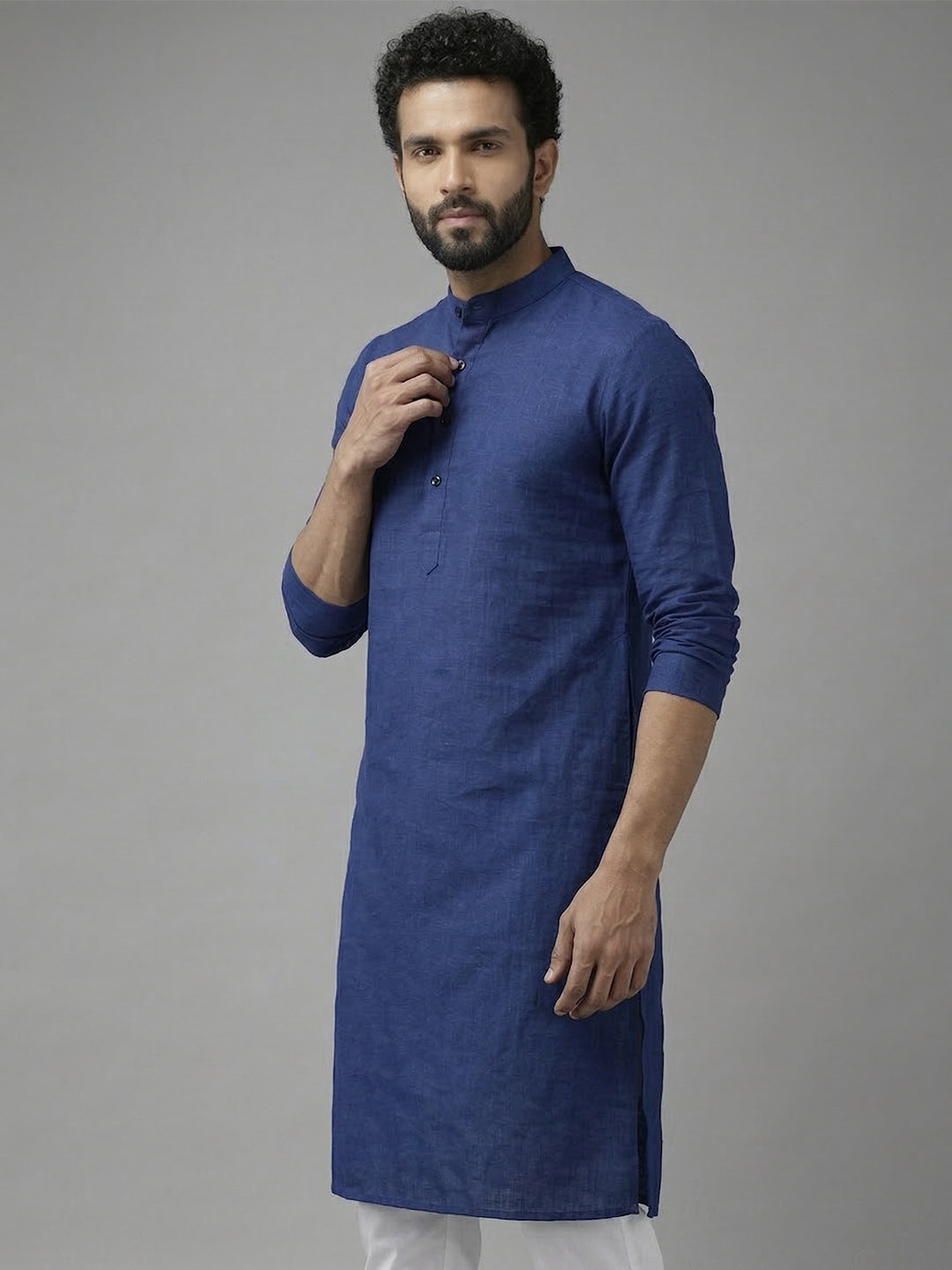 RAY LIGHT Men's 100% Cotton Solid Long Kurta with Mandarin Collar