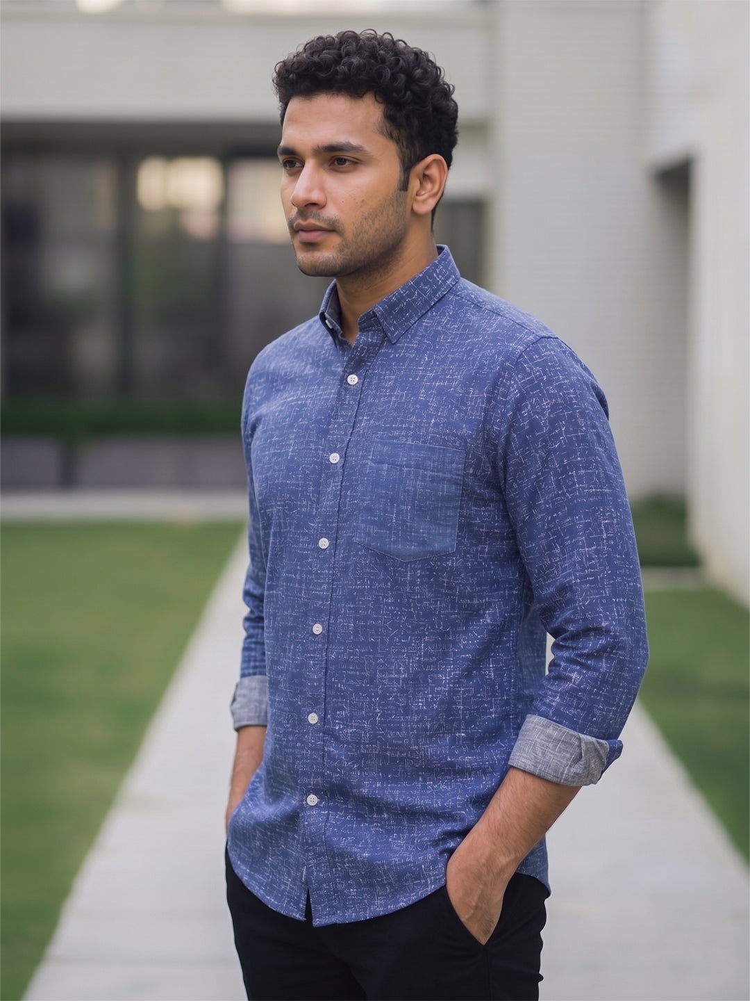 RAY LIGHT Men's Textured Print Poplin Casual Shirt – Dark Green