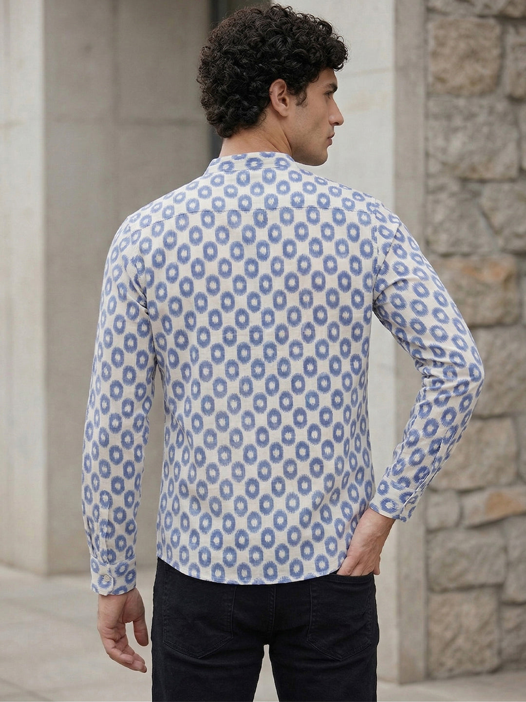 RAY LIGHT Men's Heritage Geometric Print Cotton Short Kurta – Royal Blue & White