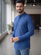 RAY LIGHT Men's Essential Solid Cotton Short Kurta – Royal Blue with Cuffless Sleeves