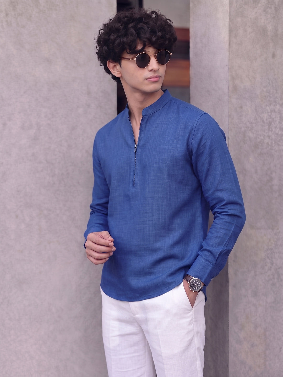RAY LIGHT Men's Modern Zip-Neck Solid Cotton Short Kurta – Mustard Yellow