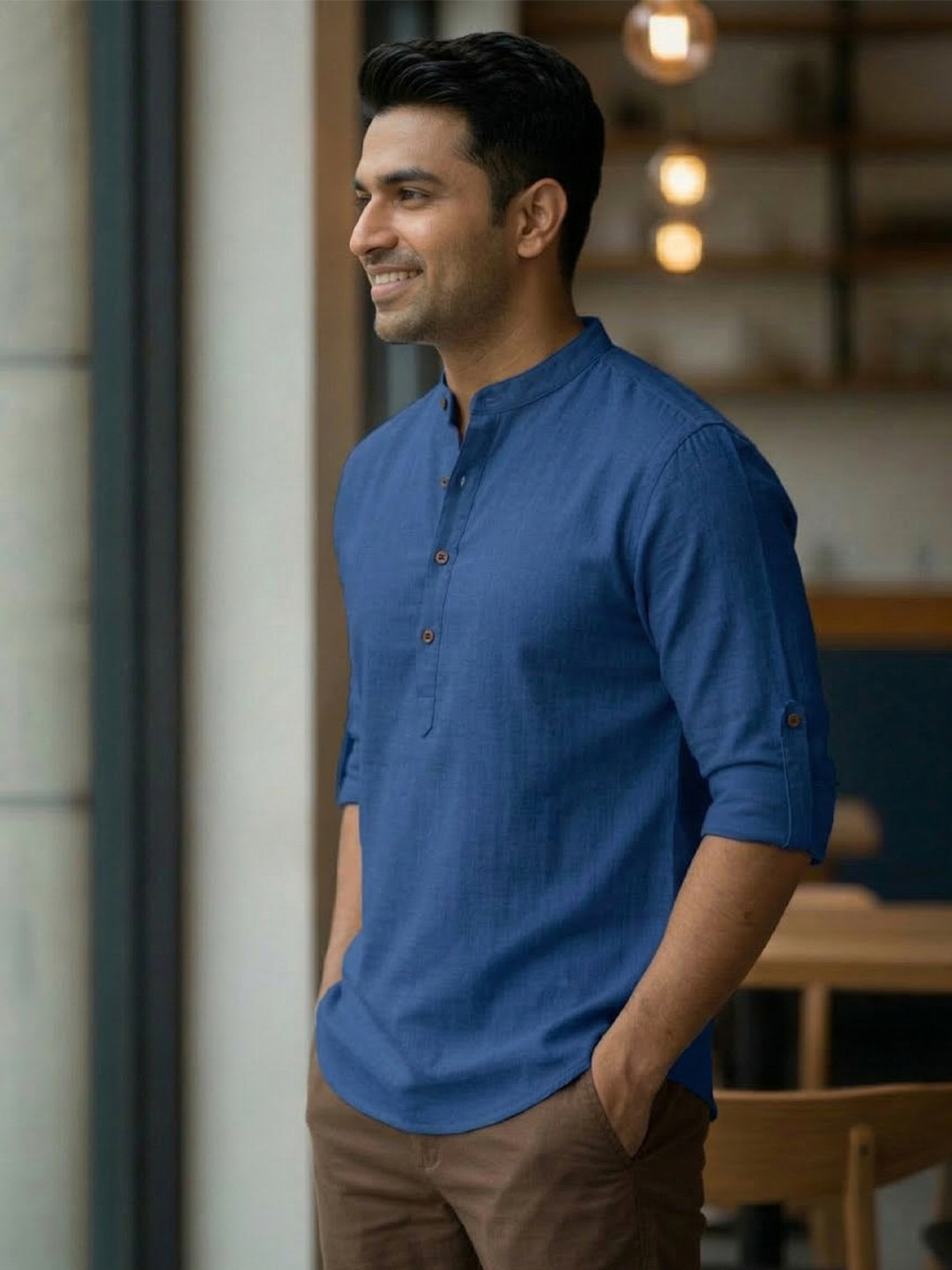 RAY LIGHT Men's Royal Blue 100% Cotton Solid Short Kurta – Mandarin Collar with Versatile Roll-Up Sleeves