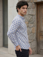 RAY LIGHT Men's Heritage Geometric Print Cotton Short Kurta – Royal Blue & White