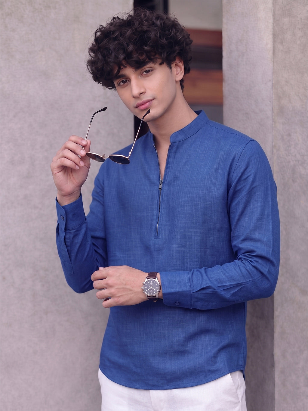 RAY LIGHT Men's Modern Zip-Neck Solid Cotton Short Kurta – Mustard Yellow