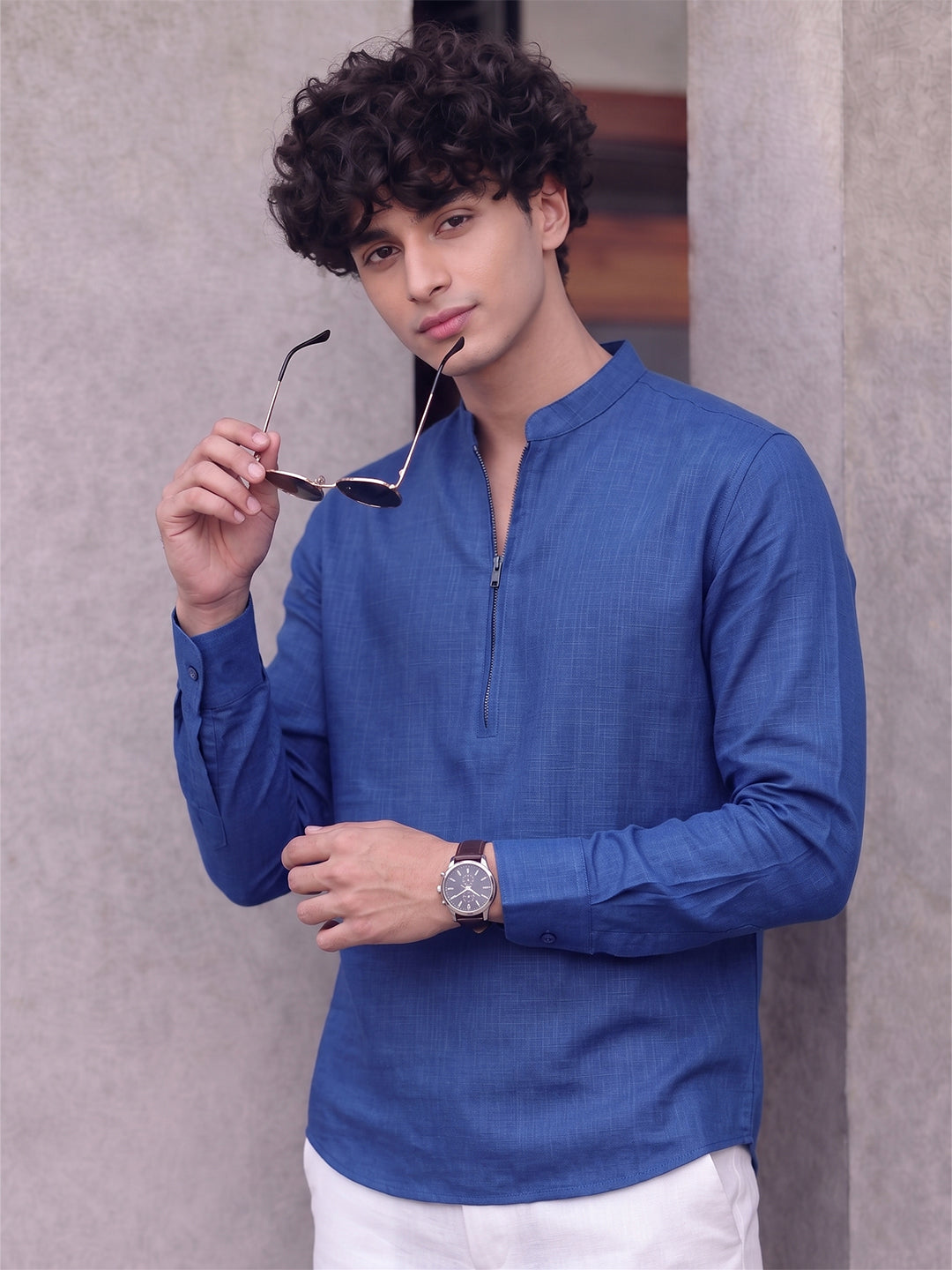 RAY LIGHT Men's Modern Zip-Neck Solid Cotton Short Kurta – Mustard Yellow