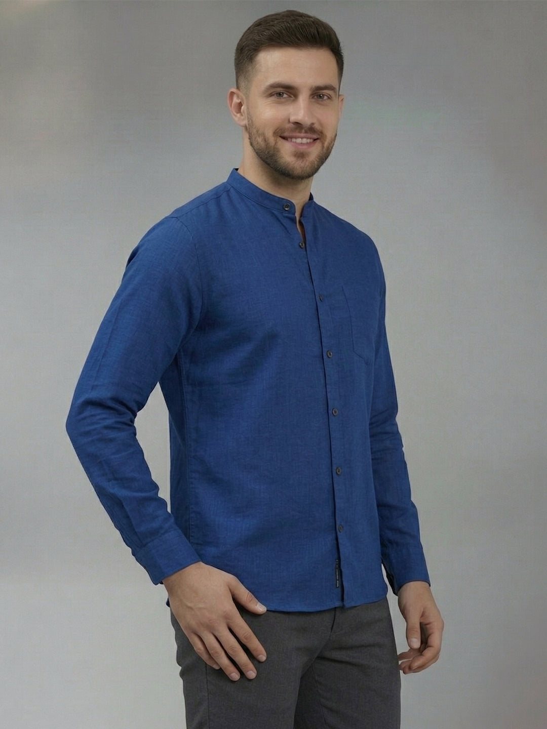 RAY LIGHT Men's Signature Solid Casual Shirt – Chinese Collar with Chest Pocket