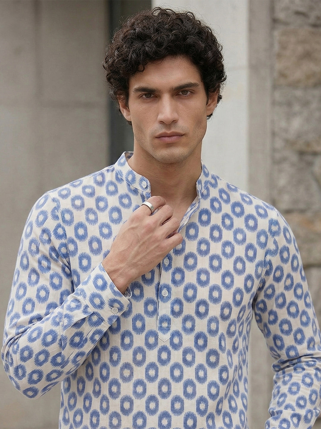 RAY LIGHT Men's Heritage Geometric Print Cotton Short Kurta – Royal Blue & White