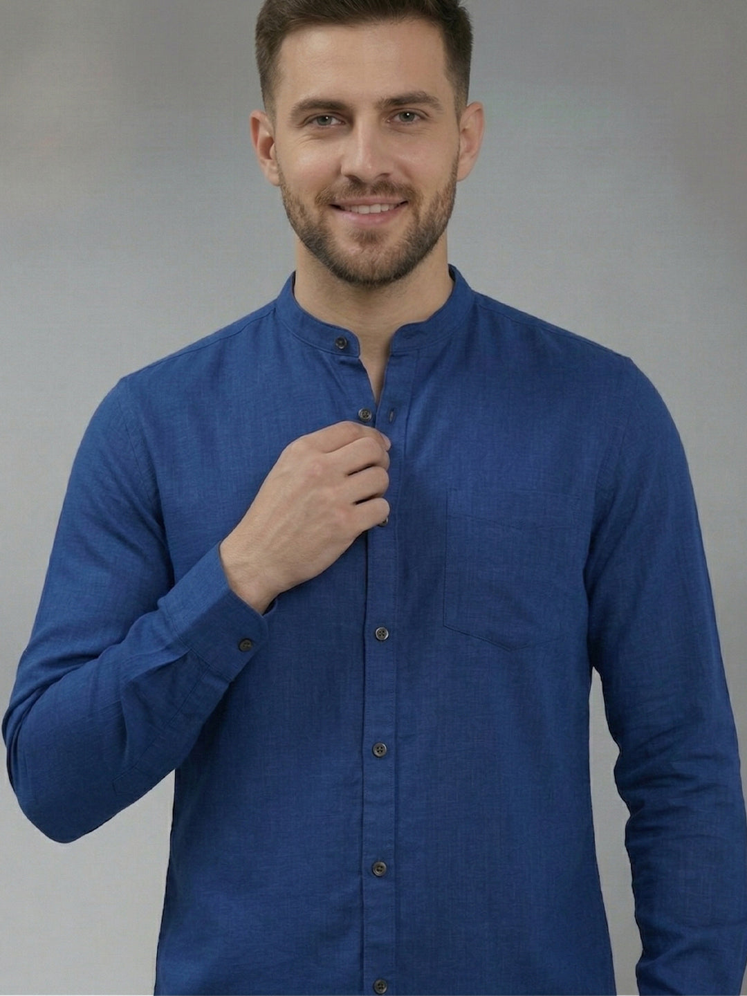 RAY LIGHT Men's Signature Solid Casual Shirt – Chinese Collar with Chest Pocket
