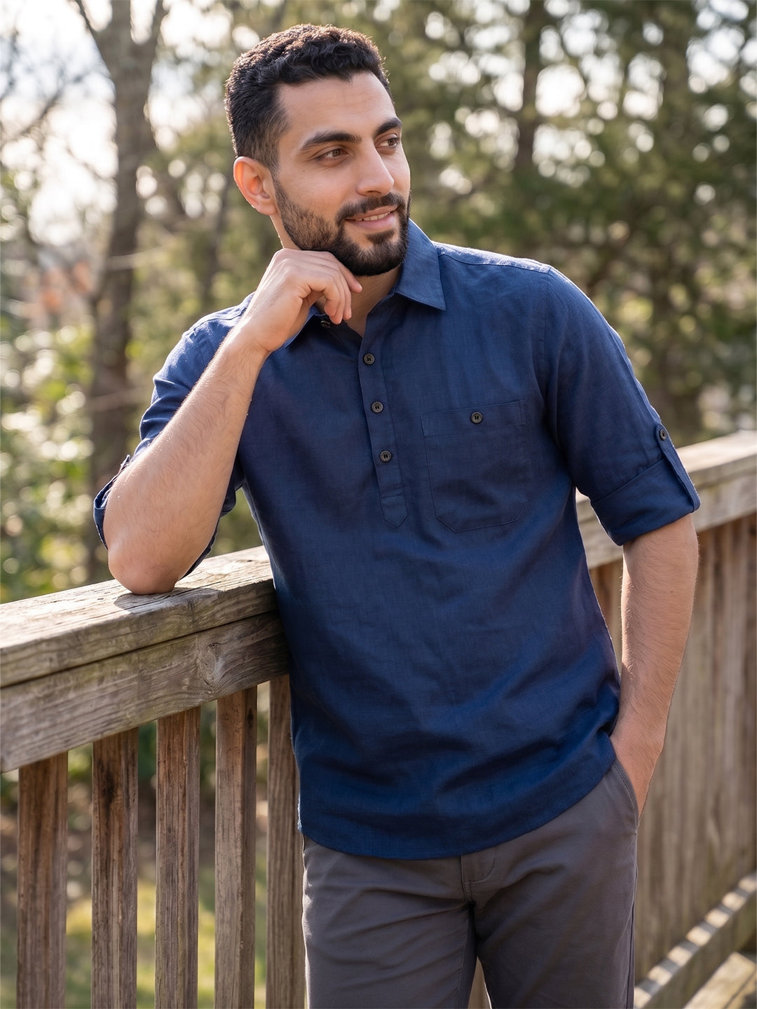 RAY LIGHT Men's Essential Solid Cotton Short Kurta – Sky Blue with Roll-Up Sleeves