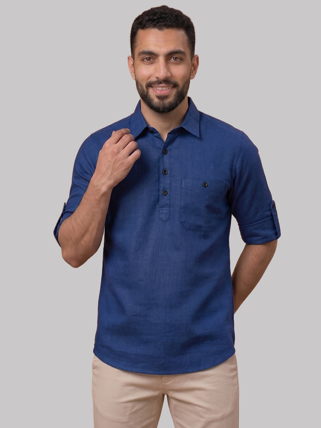RAY LIGHT Men's Essential Solid Cotton Short Kurta – Sky Blue with Roll-Up Sleeves