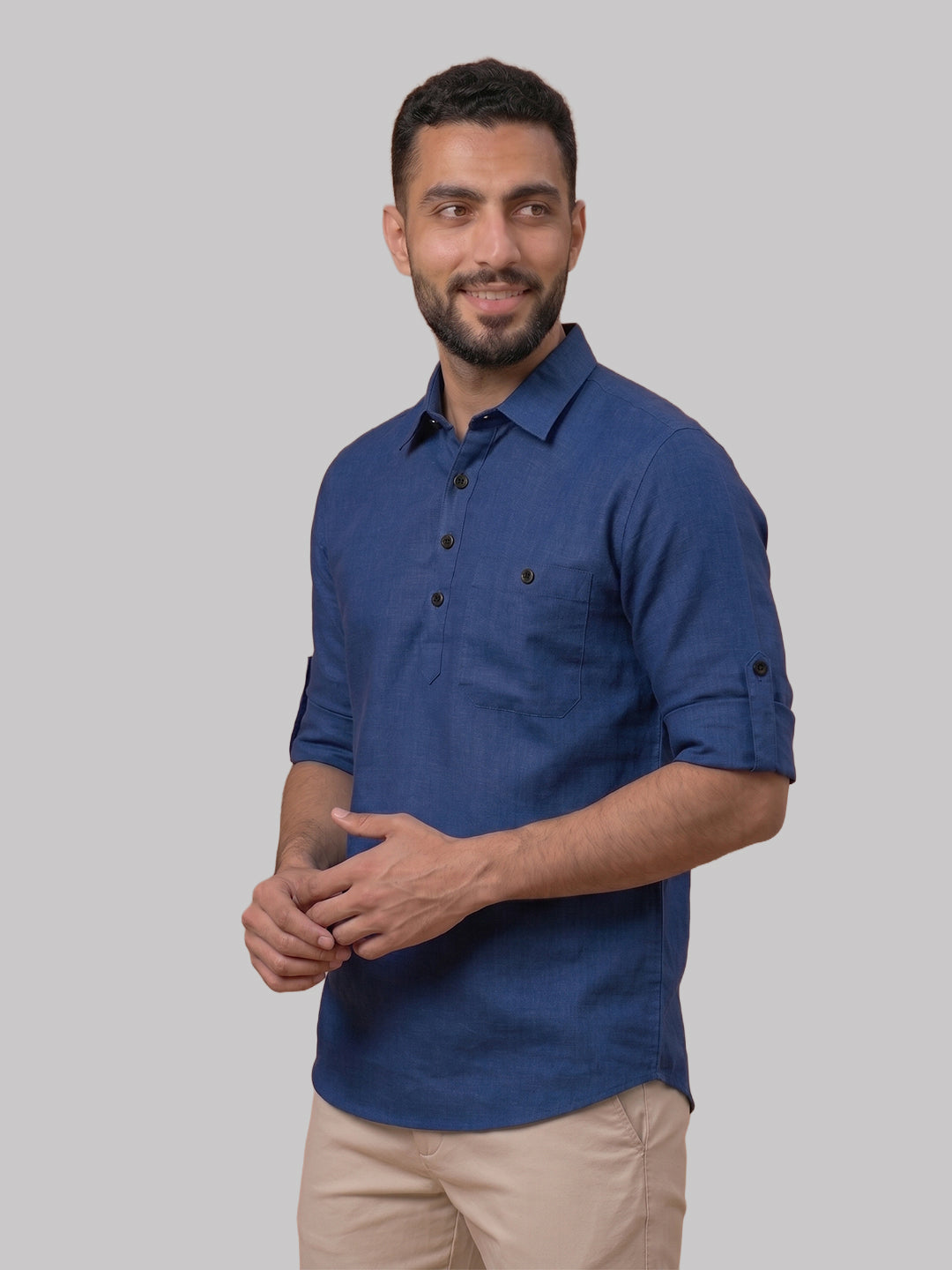 RAY LIGHT Men's Essential Solid Cotton Short Kurta – Sky Blue with Roll-Up Sleeves