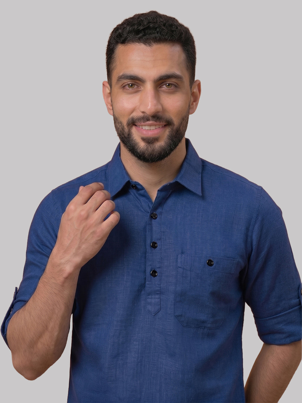RAY LIGHT Men's Essential Solid Cotton Short Kurta – Sky Blue with Roll-Up Sleeves