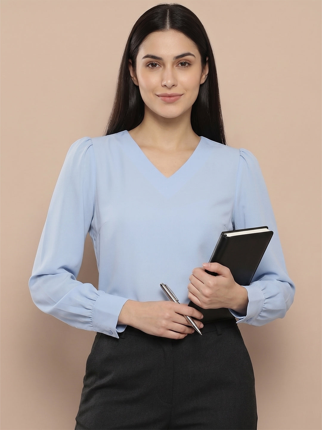 Ray Light Women’s Sky Blue Solid Crepe Blouse with V-Neck & Full Sleeves Main image