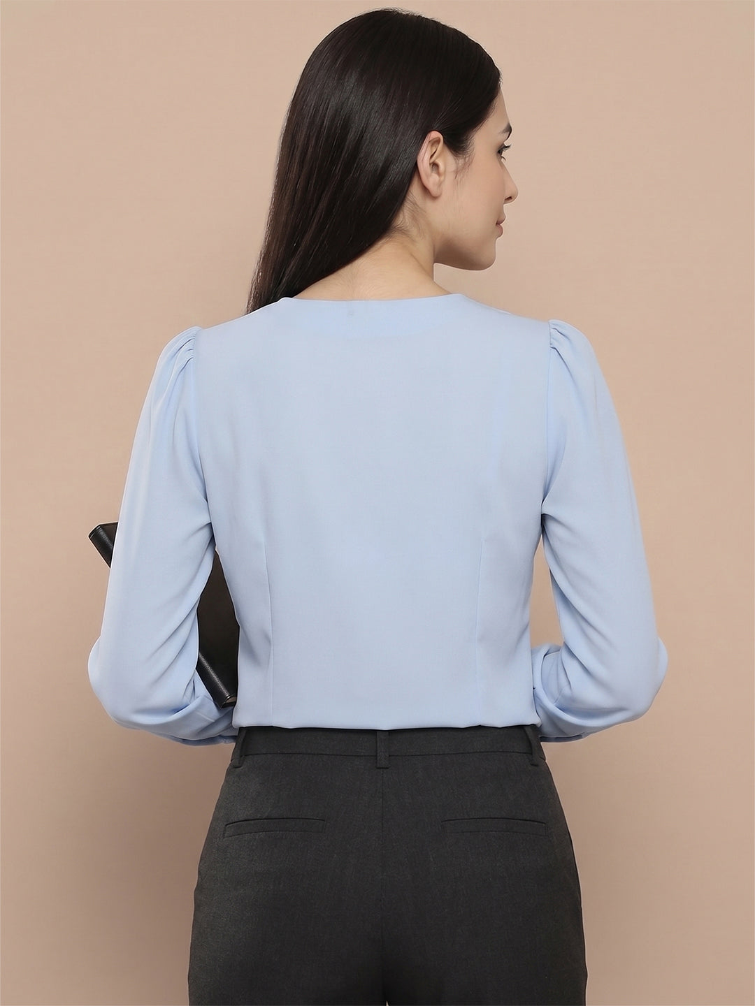 Ray Light Women’s Sky Blue Solid Crepe Blouse with V-Neck & Full Sleeves Secondary image