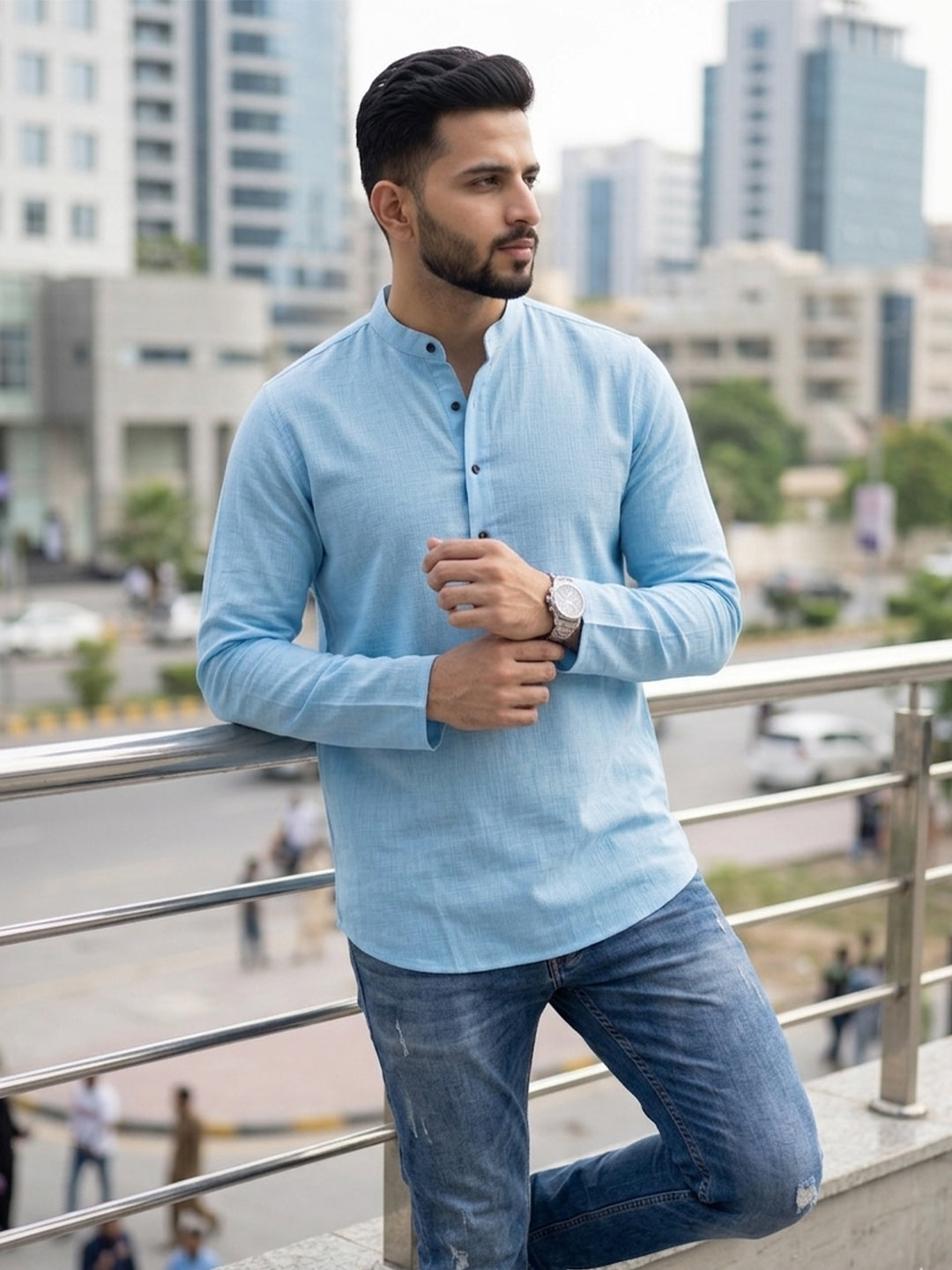 RAY LIGHT Men's Essential Solid Cotton Short Kurta – Royal Blue with Cuffless Sleeves
