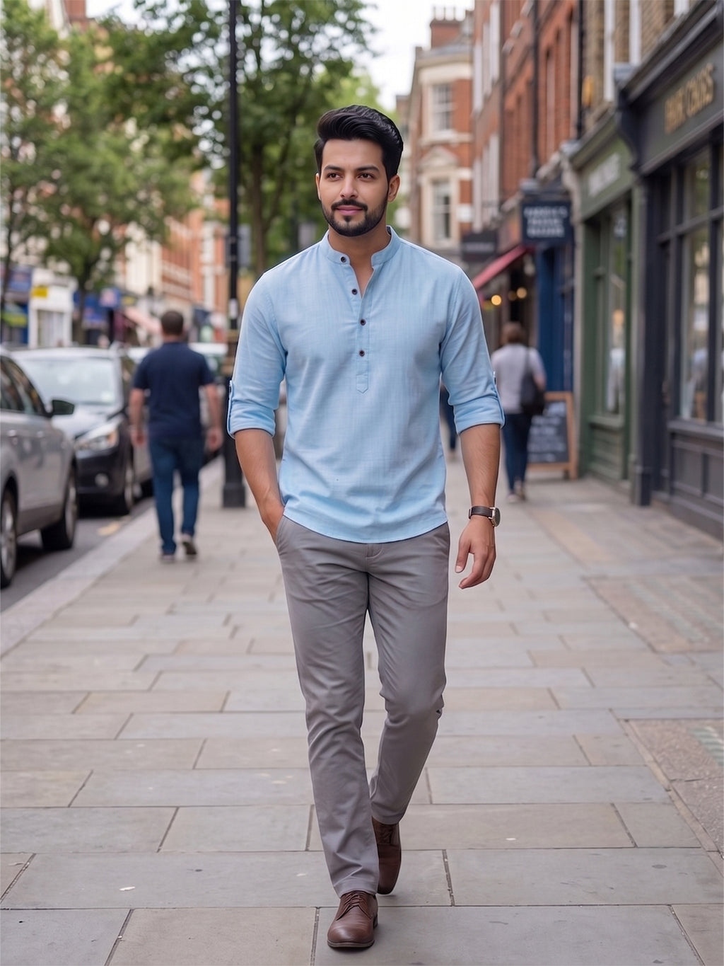 RAY LIGHT Men's Contemporary 100% Cotton Solid Short Kurta – Mandarin Collar with Roll-Up Sleeves
