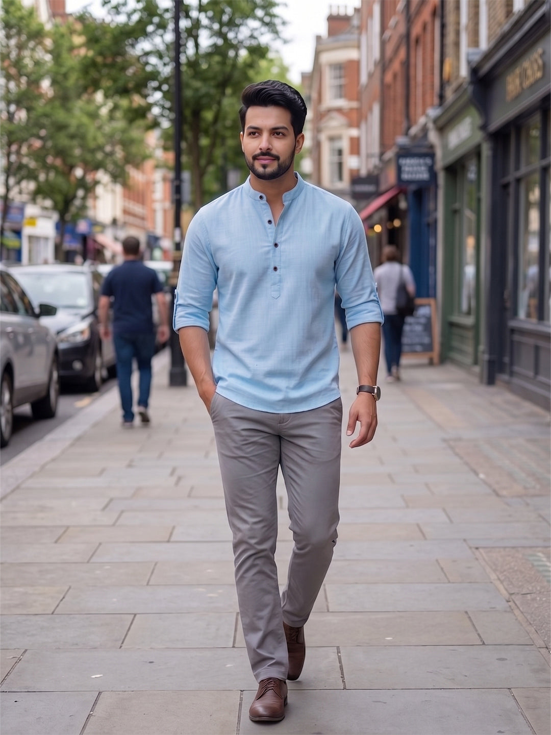 RAY LIGHT Men's Contemporary 100% Cotton Solid Short Kurta – Mandarin Collar with Roll-Up Sleeves