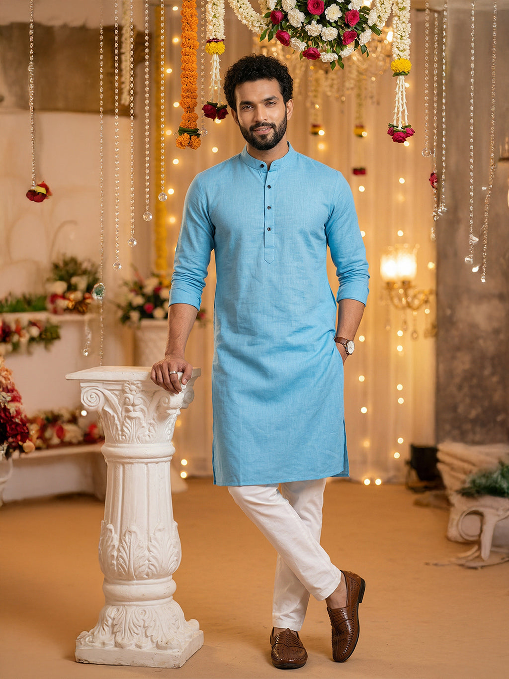 RAY LIGHT Men's Classic Solid Cotton Long Kurta – Dark Green with Dual Side Pockets