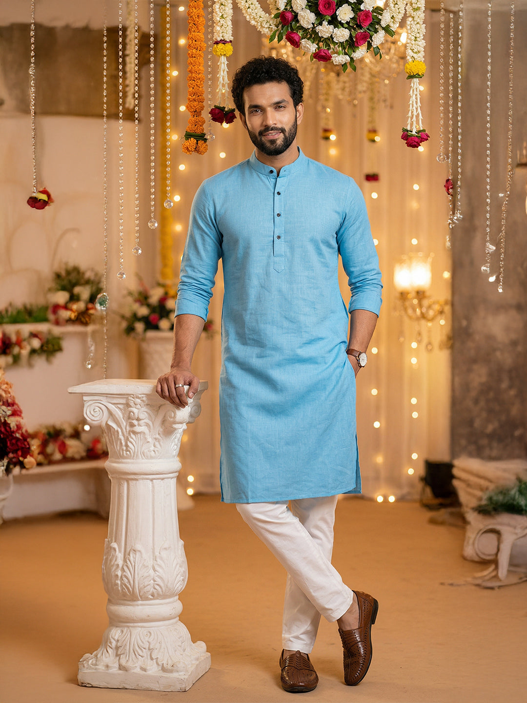 RAY LIGHT Men's Classic Solid Cotton Long Kurta – Dark Green with Dual Side Pockets