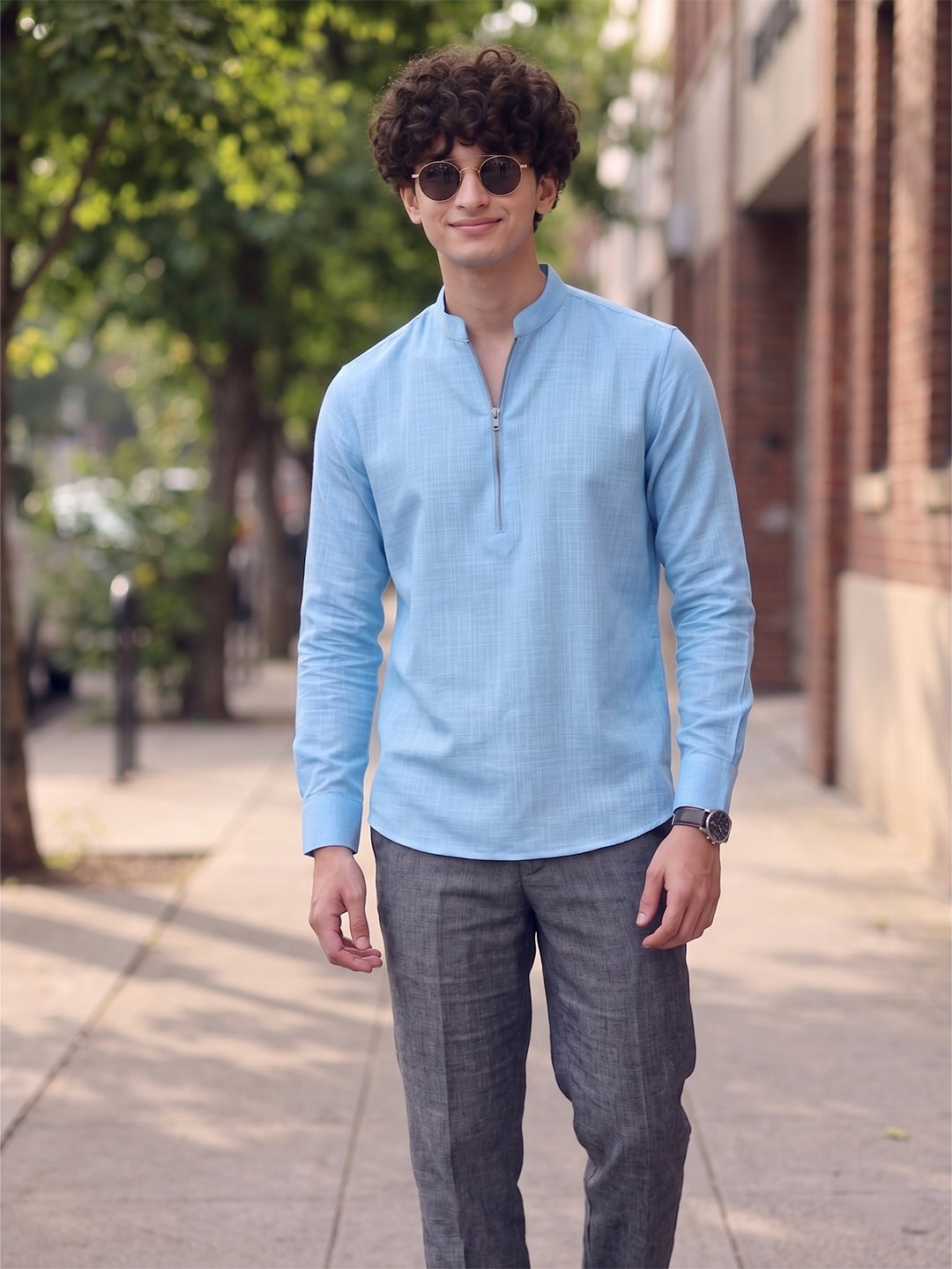 RAY LIGHT Men's Modern Zip-Neck Solid Cotton Short Kurta – Mustard Yellow