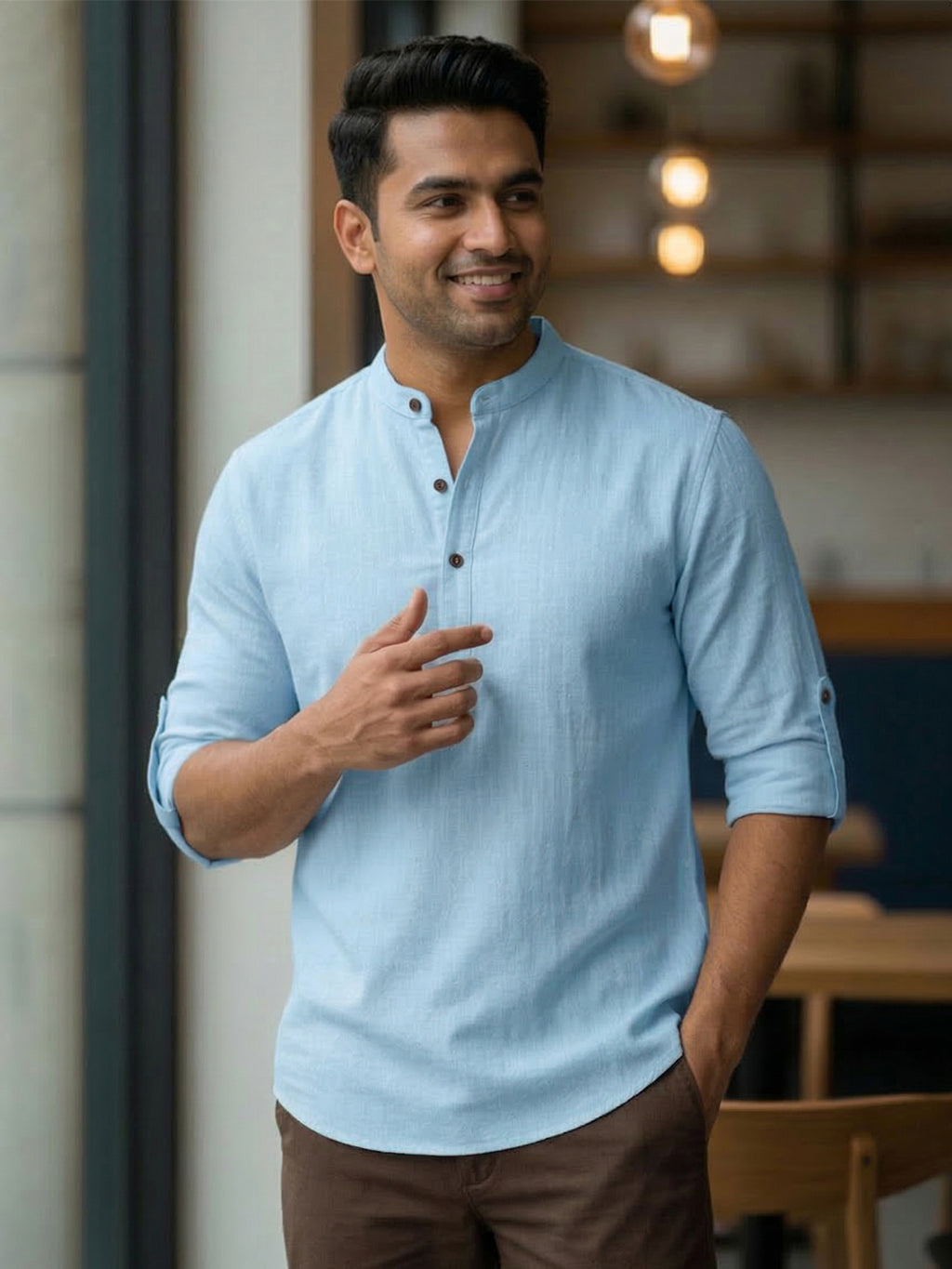 RAY LIGHT Men's Royal Blue 100% Cotton Solid Short Kurta – Mandarin Collar with Versatile Roll-Up Sleeves