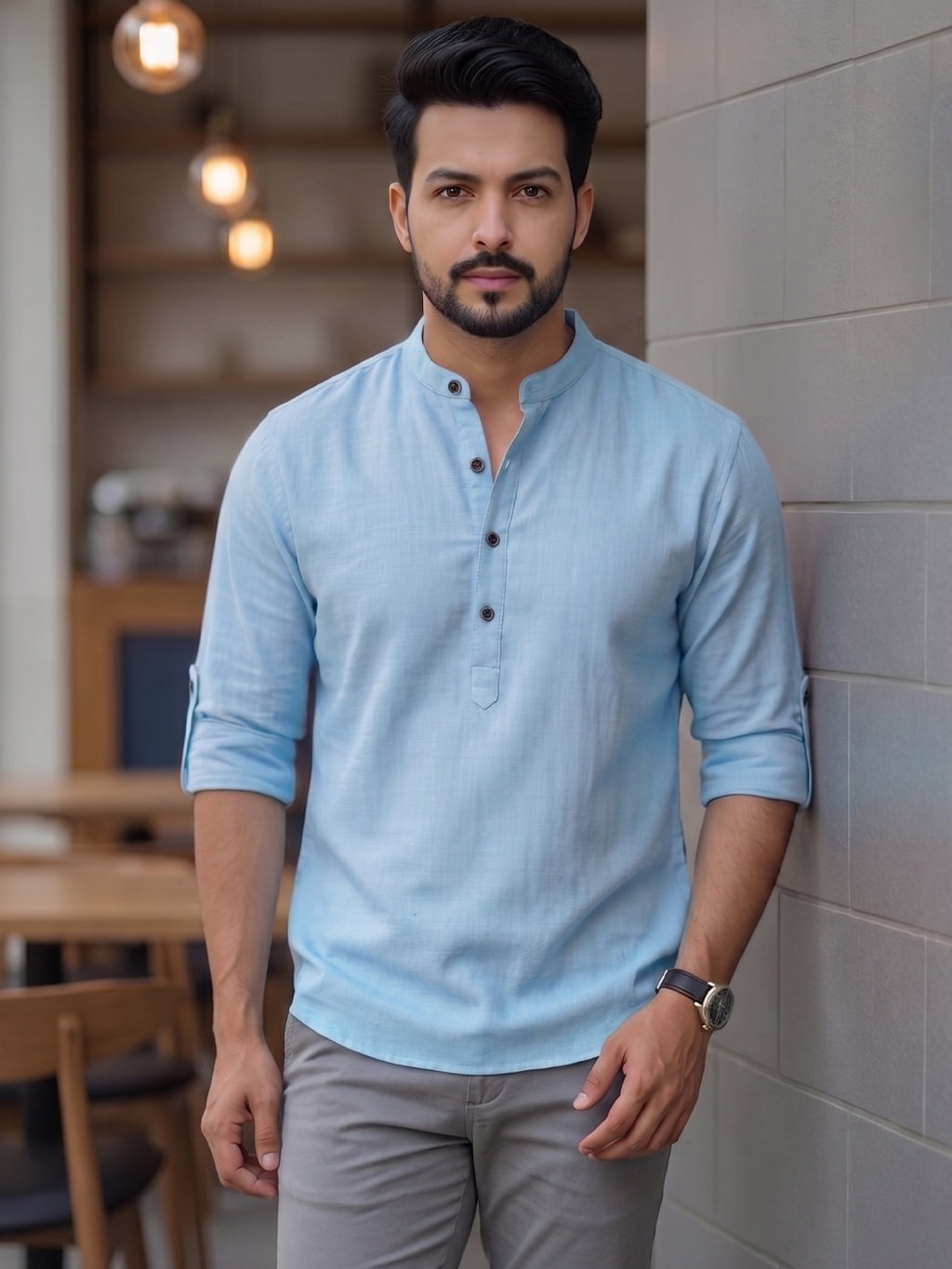 RAY LIGHT Men's Contemporary 100% Cotton Solid Short Kurta – Mandarin Collar with Roll-Up Sleeves