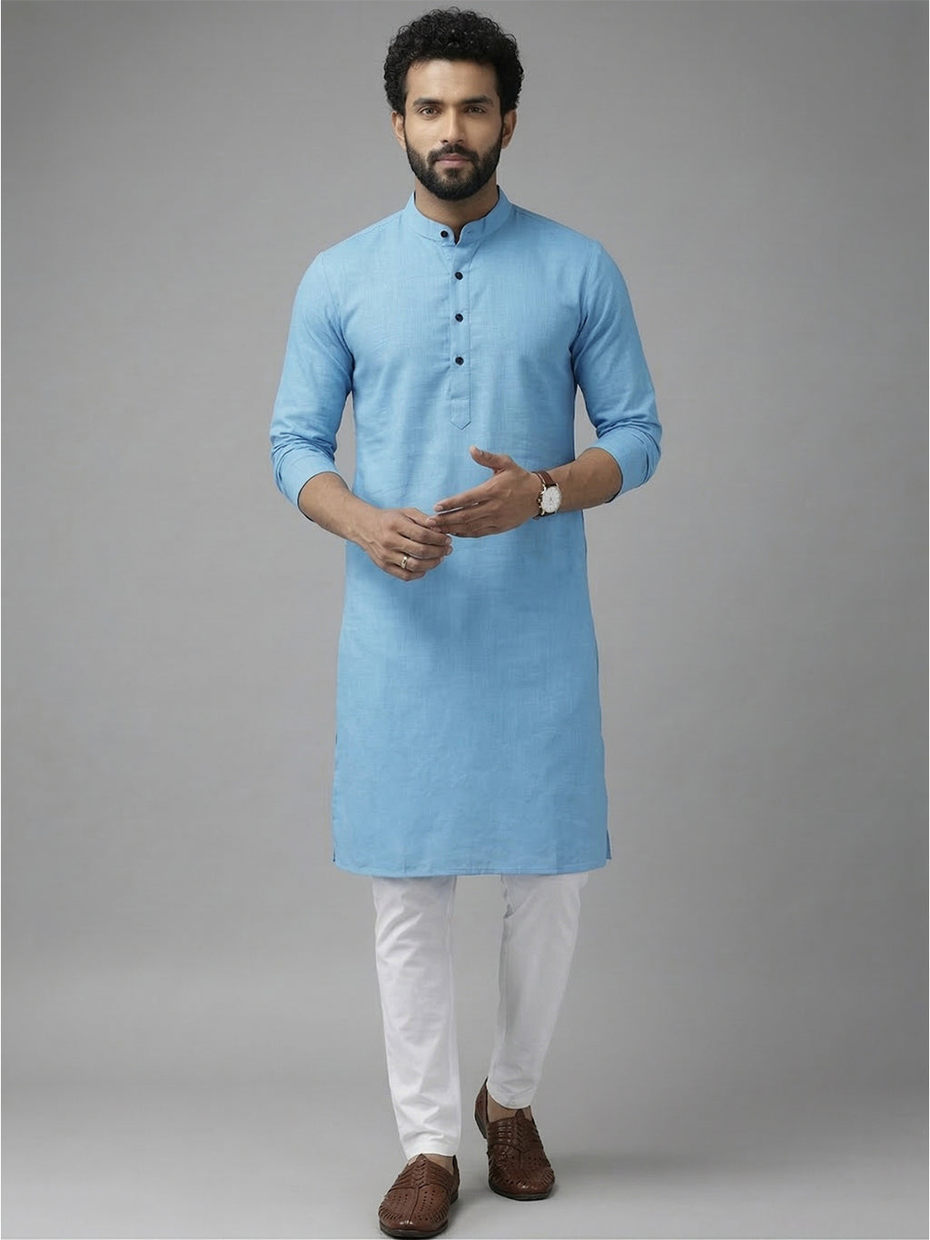 RAY LIGHT Men's Classic Solid Cotton Long Kurta – Dark Green with Dual Side Pockets